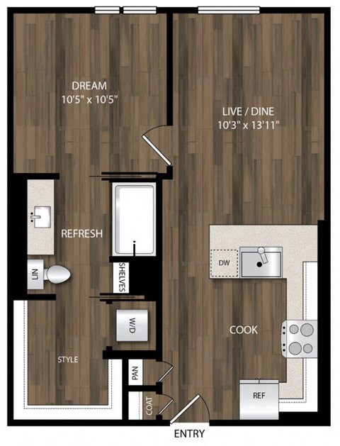Floor plan for 1 bed, 1 bath, 619 sqft